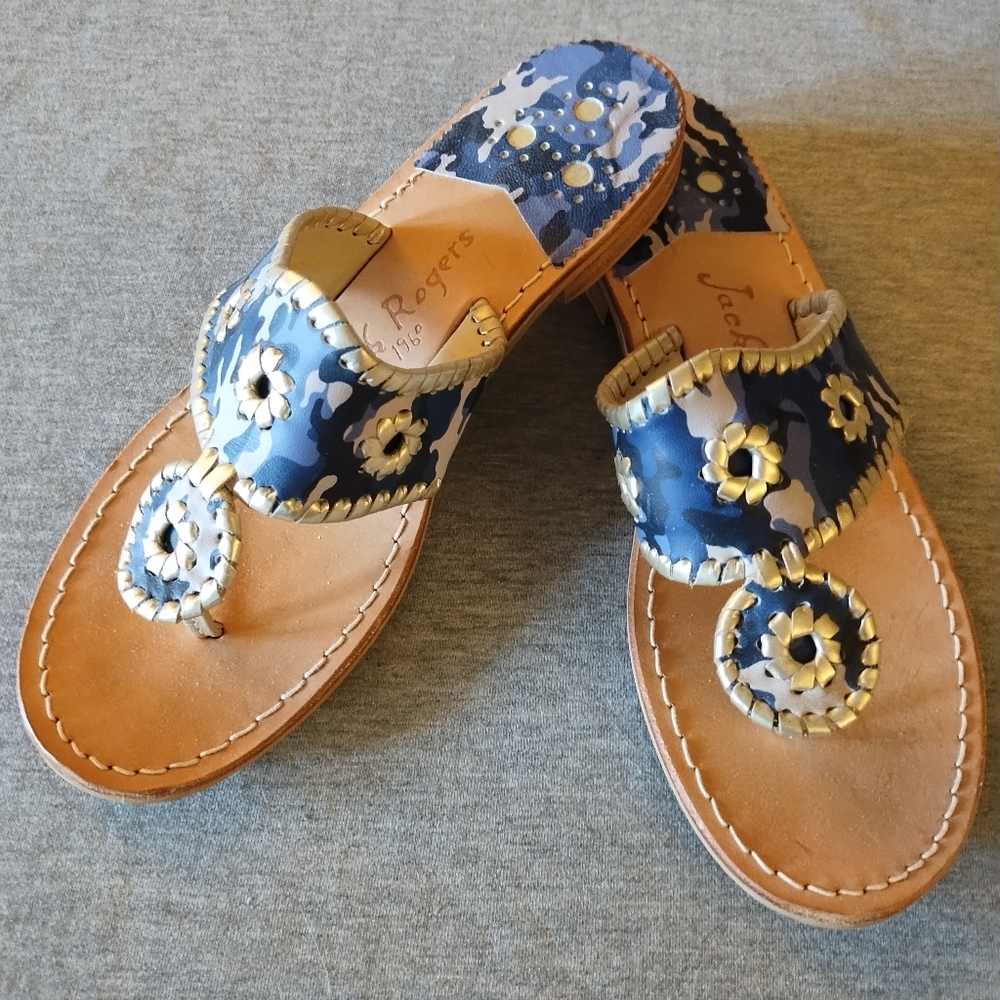Jack Rogers Navy Camo & Platinum Trim Leather Flip Flop Sandals Size 8 - Picture 3 of 14